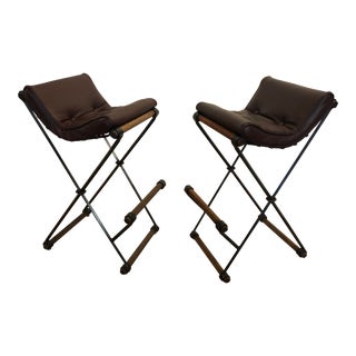 Cleo Baldon for Terra Furniture Campaign Iron, Oak and Leather X Bar Stools, a Pair For Sale