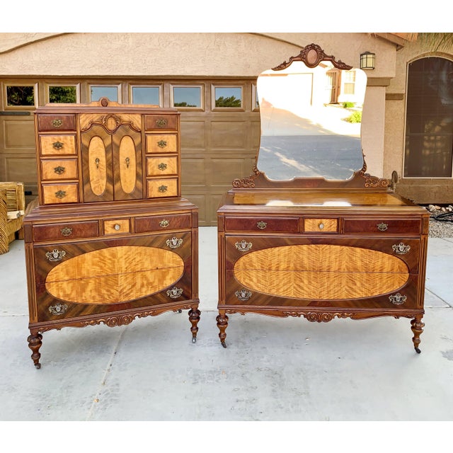 Antique Burled Walnut Three Piece Dresser Set With Mirror Chairish