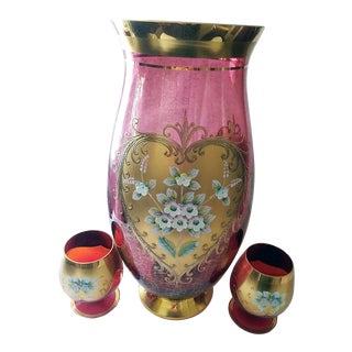 Large Ruby Red Bohemian Crystal Vase & Goblet Set - 3 Pieces For Sale