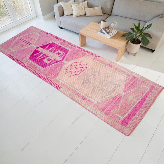Turkish Vintage Turkish Hand-Knotted Runner Rug Pink Hallway Kitchen Decor - 2′10″ × 8′8″ For Sale - Image 3 of 13