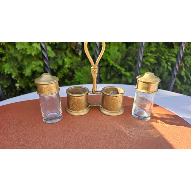 Metal Vintage Brass Salt and Pepper Set with Glass Inserts, 1920s, Set of 5 For Sale - Image 7 of 11