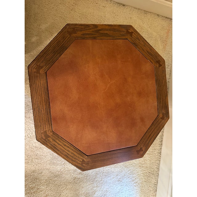 Brown Vintage Romweber Viking Oak Zodiac Leather Top Octagon Table For Sale - Image 8 of 8