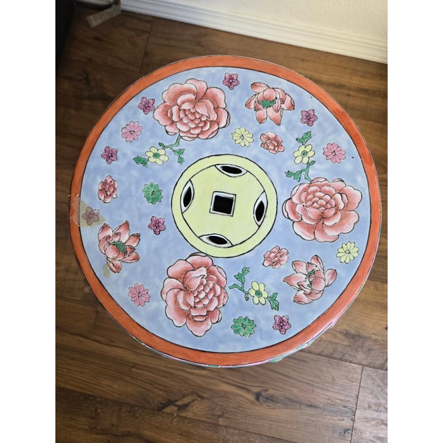 Vintage Chinese Hand-Painted Porcelain Garden Stool / Drum Stool With Floral & Figural Motif For Sale - Image 6 of 9