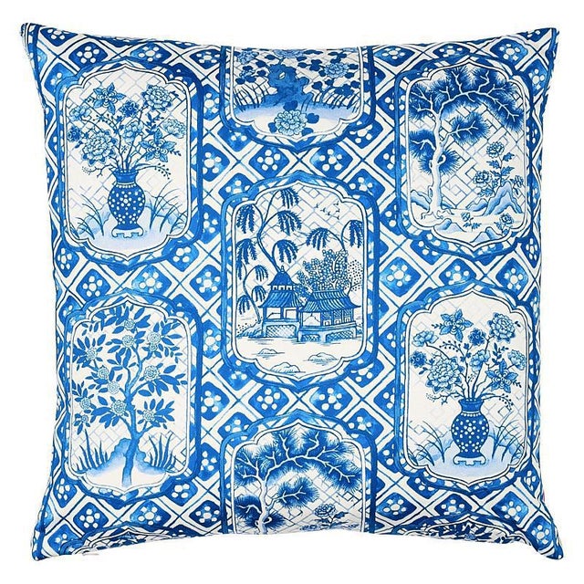 Chinese Schumacher X Johnson Hartig Ting Ting & Bodhi Tree Pillow in Blue & Pink For Sale - Image 3 of 3