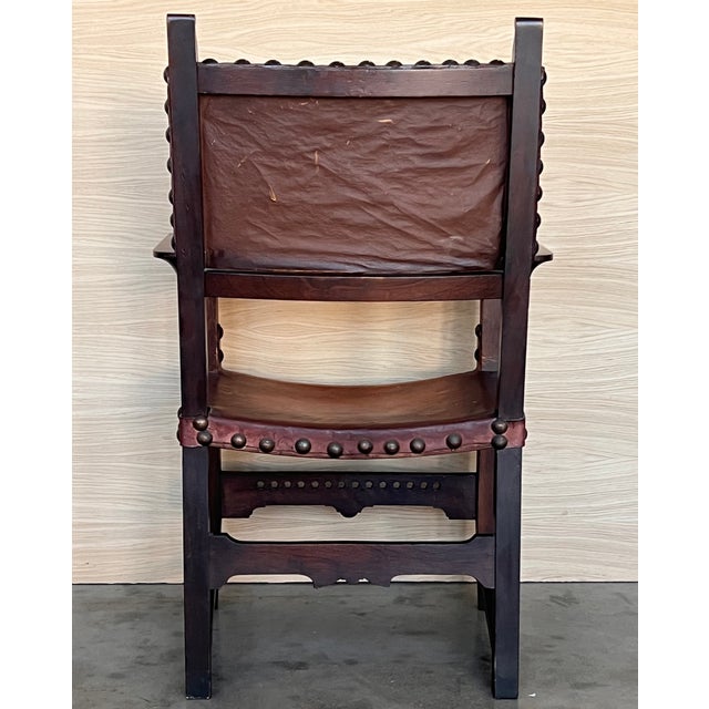 19th Century Spanish Colonial Altar Carved Armchair With Leather Seat and Back For Sale In Miami - Image 6 of 10