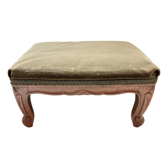 Circa 1930 French Provincial Style Olive Velvet Footstool - Made in Belgium For Sale
