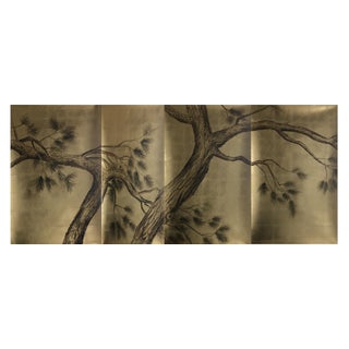 Gold Leaf Chinoiserie Hand-Painted Black Ink Pine Tree Wall Panels (Set of 4) For Sale