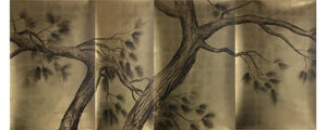 Gold Leaf Chinoiserie Hand-Painted Black Ink Pine Tree Wall Panels (Set of 4)