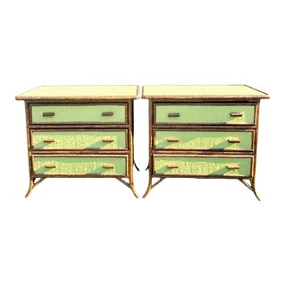 Vintage Custom Painted Oversized Grass Cloth 3 Drawer Tortoiseshell Bamboo Celery Green Night Stand Chests- a Pair For Sale