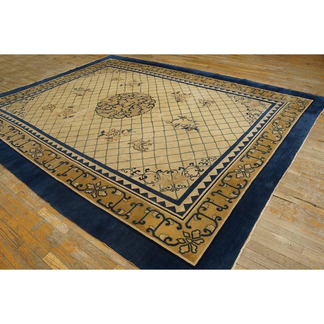 1890s Antique Chinese Peking Wool Rug Blue & Ivory Late Qing Dynasty 9' X 11' 8" For Sale In New York - Image 6 of 9