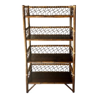 Four-Shelf Mid 20th-Century Charmer – Solid Bamboo Wood & Rattan Bookcase / Étagère For Sale