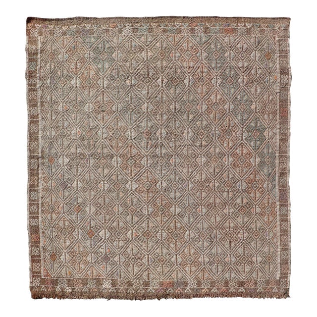Vintage Turkish Kilim Rug With Allover Diamond Design in Taupe, Sage, and Clay For Sale