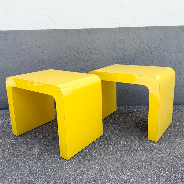 These bold Postmodern waterfall side tables capture the playful geometric aesthetic that defined 1980s contemporary...