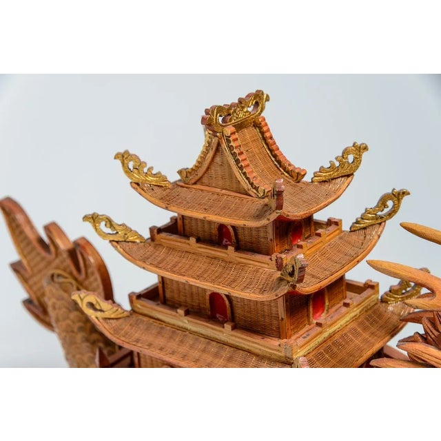 Whimsical Woven Wicker Chinese Pagoda Dragon Boat Box For Sale In West Palm - Image 6 of 12