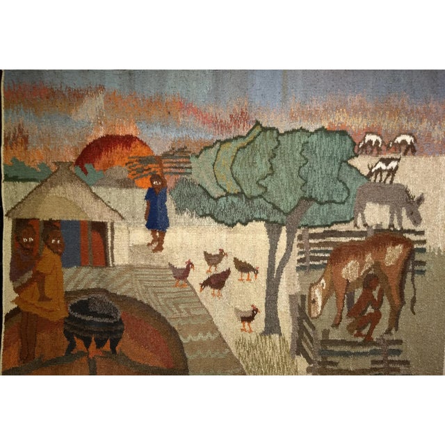 Vintage African Tapestry, Handwoven Wool, Village Life Scenes, Ivory & Blue, 4x5 For Sale - Image 4 of 10