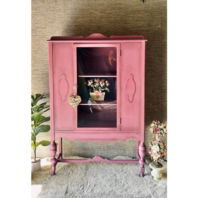 Shabby Chic Vintage Romantic Petite Hutch From the 1930s Custom Painted a Beautiful Dusty Pink For Sale - Image 3 of 11