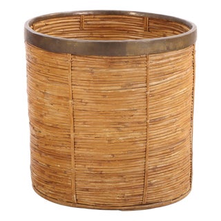 French Rattan and Brass Basket, C 1970 For Sale