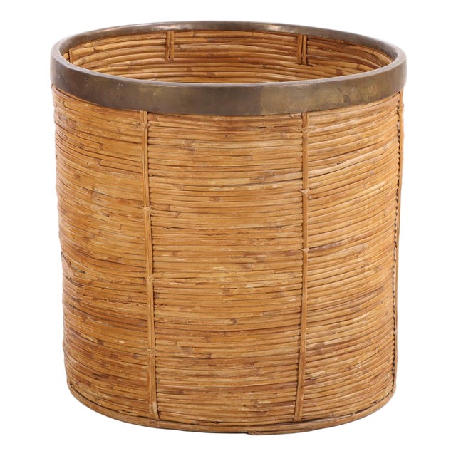 French Rattan and Brass Basket, C 1970 For Sale