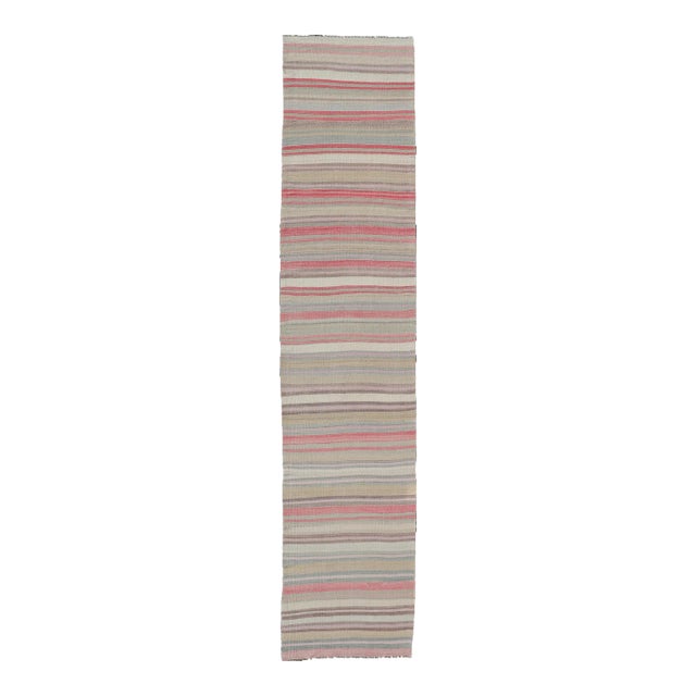 Mid 20th Century Colorful Vintage Turkish Kilim Runner With Stripes and Multi Colors For Sale