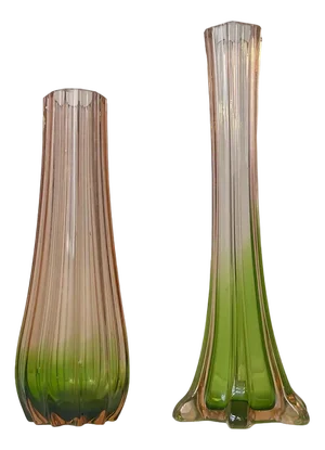 Art Deco French Pink & Green Glass Vases, 1920s, Set of 2