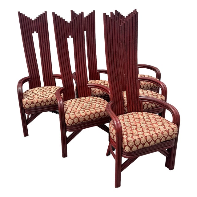 Postmodern Boho Rattan High Back Dining Chairs - Set of 6 For Sale