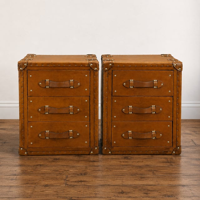 Luxury Handmade Leather Bedside Tables, Pair of Vintage Trunk Nightstands, Leather 3 Drawer Bedside Cabinets With Brass Studs, A Pair For Sale - Image 10 of 14
