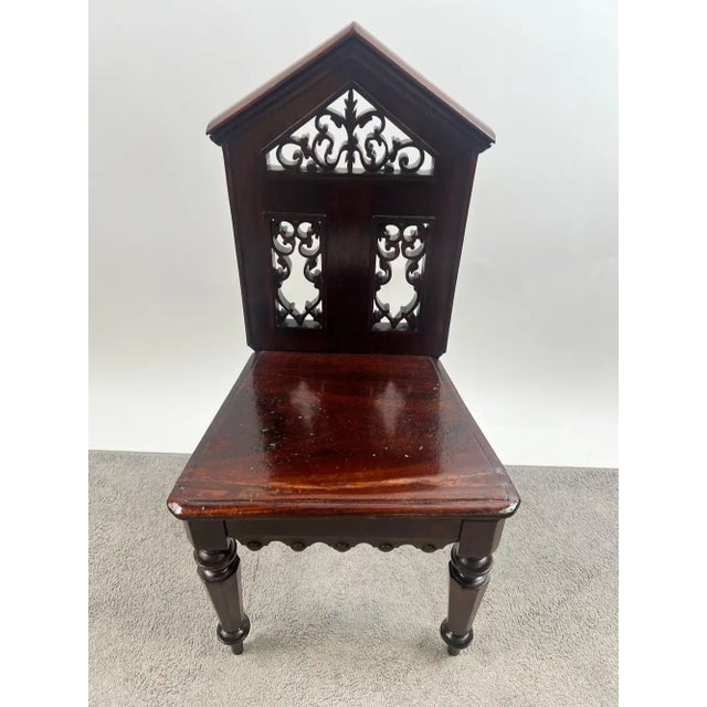 Gothic Antique English Gothic Revival Carved Oak Hall Chair With Pierced Tracery Back For Sale - Image 3 of 12