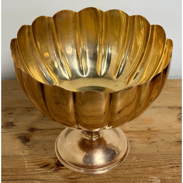 Hollywood Regency Vintage Oversized Scalloped Brass Pedestal Bowls For Sale - Image 3 of 5