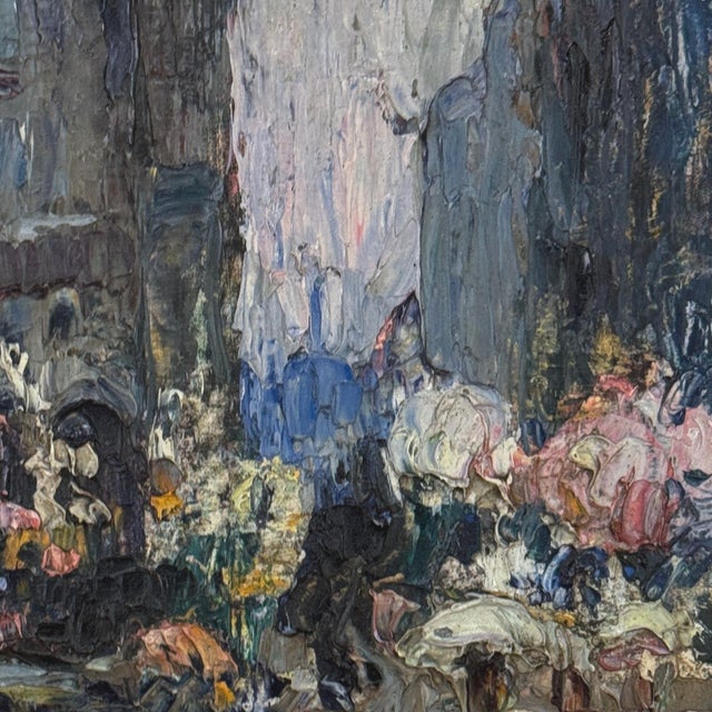 Antique Signed Oil Painting on Board 'Brussels Flower Market on the Grand Place' For Sale - Image 15 of 17