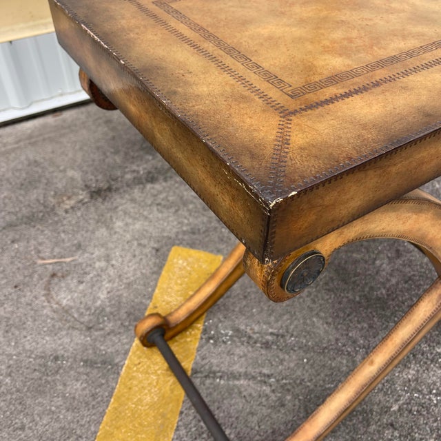 Neoclassical Tooled Leather Greek Key X Base Console Table by Kreiss Collection For Sale - Image 10 of 12