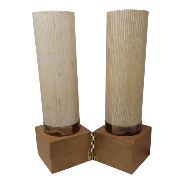 1960s Modeline of California Mid-Century Modern Cylinder Table Lamps With Hinged Wood Bases - a Pair For Sale