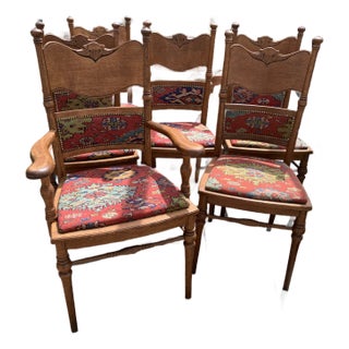 Set of Six, Antique, Oak Dining Chairs Covered With Ralph Lauren Kilim Fabric, Early 1900s For Sale