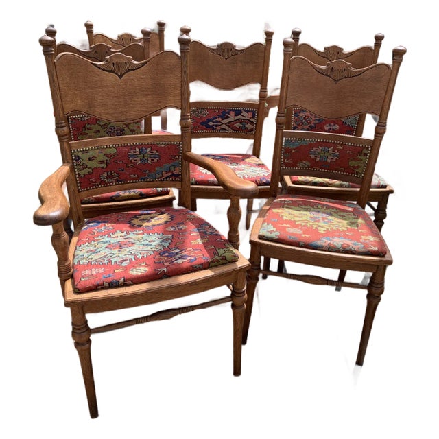 Set of Six, Antique, Oak Dining Chairs Covered With Ralph Lauren Kilim Fabric, Early 1900s For Sale