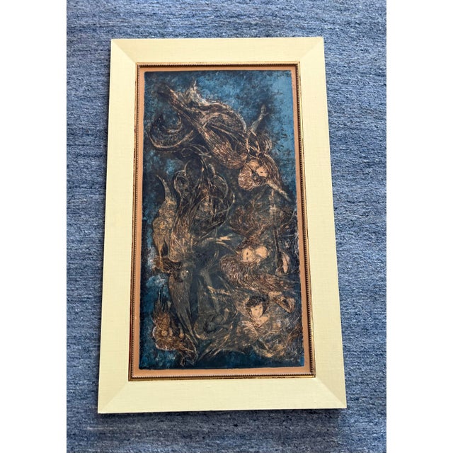 20th Century Abstract Art Asian oil painting with figurines on a beautiful green and blue background signed by the artist...