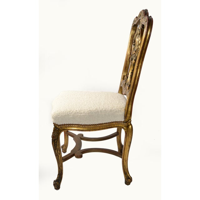 Rococo Mid 20th Century Hand-Carved Rococo Louis XV Giltwood Side Chair Bouclé Upholstery Cabriole Legs For Sale - Image 3 of 15
