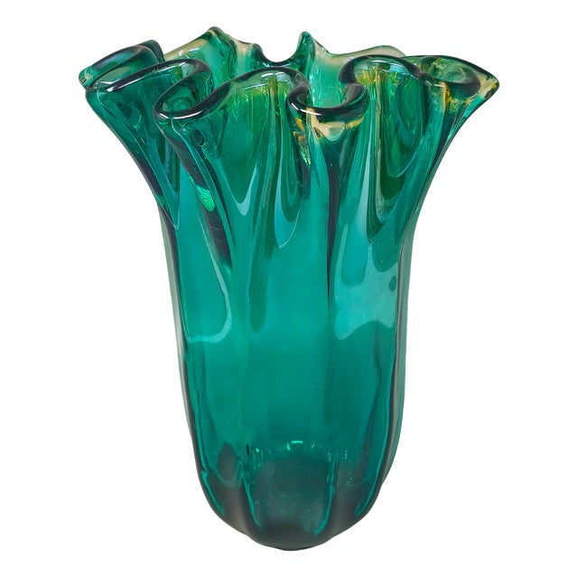 Italian Emerald Green Murano Blown Glass Vase from Maestro Del Vetro For Sale