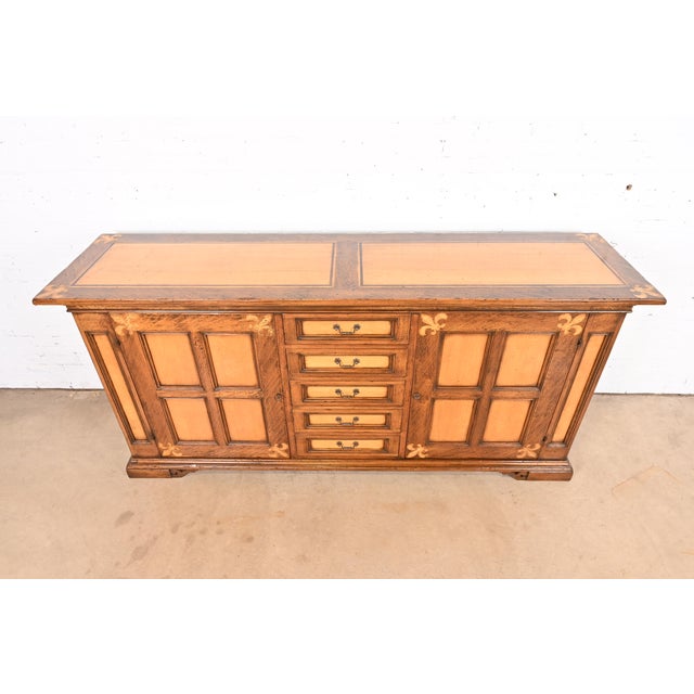 Gruppo Faber Italian Provincial Carved Oak Inlaid Maple Sideboard or Bar Cabinet For Sale - Image 9 of 12