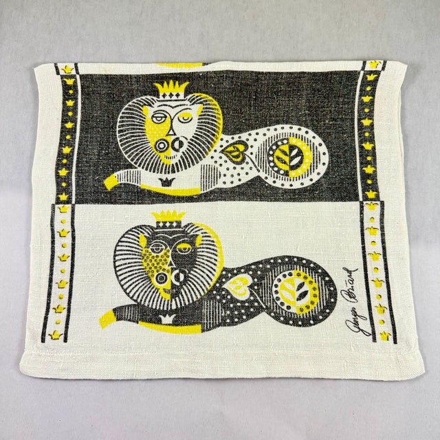 1960s Mid-Century Era Georges Briard Lion Print Silkscreened Linen Tea Towel For Sale - Image 5 of 8