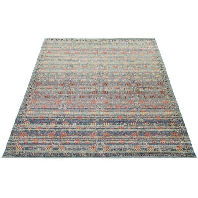 10x14 Modern Khotan Style Hand-Knotted Wool Area Rug – Teal, Rust & Ochre For Sale - Image 4 of 8