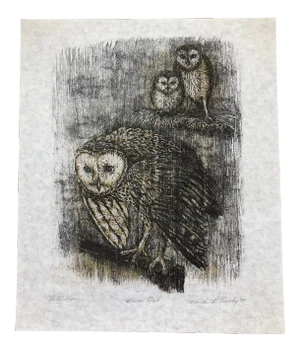 1975 Martha Cawley Woodblock Print, Barn Owls, #1/100