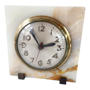 1930s Art Deco Onyx Desk Clock by Sessions – Electric Stone Mantle Clock, Brass Bezel