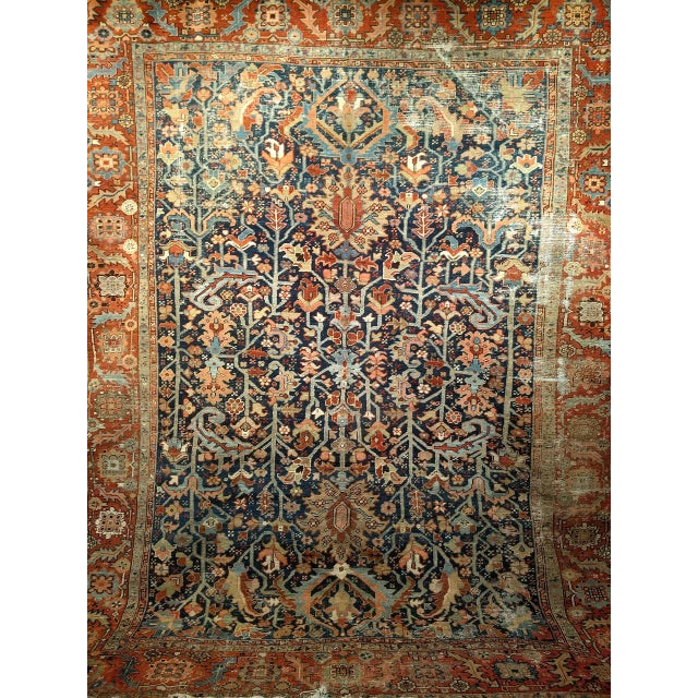 Antique Persian Heriz Serapi Rug, Hand-Knotted Wool, Allover Tree of Life Pattern, Blue & Brick-Red, 9x12 For Sale - Image 13 of 18