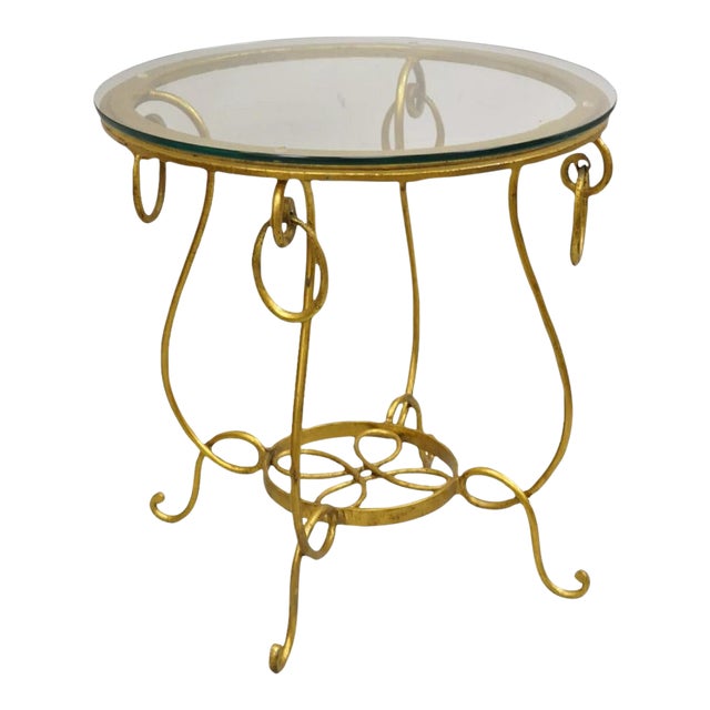 Gold Gilt French René Drouet Style Scrolling Iron Round Glass Accent Side Table For Sale