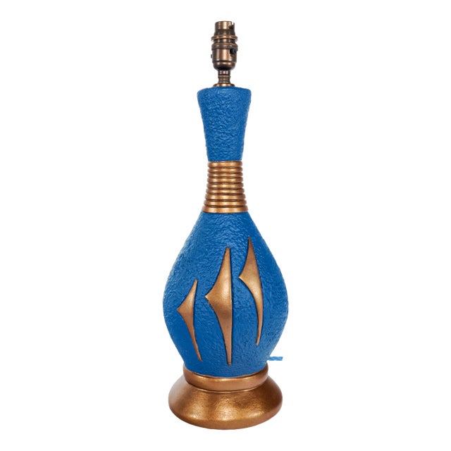 Mid-Century Modern British Blue and Bronze Gilt Chalkware Table Lamp, 1960s For Sale