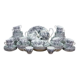 Late 20th Century Johnson Bros Paisley Dinnerware Set Service for 12 Black Transferware Iron - 95 pcs For Sale