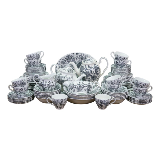 Late 20th Century Johnson Bros Paisley Dinnerware Set Service for 12 Black Transferware Iron - 95 pcs For Sale
