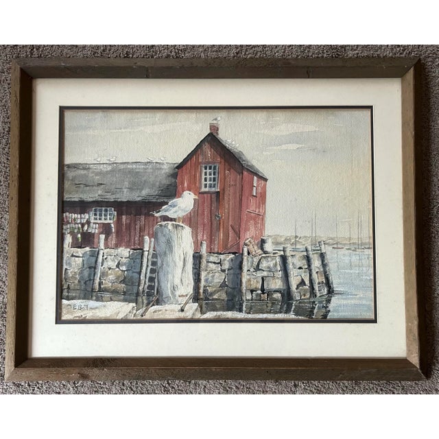 Vintage original watercolor of a harbor scene / coastal seascape with seagull. Signed to the lower left corner. In...