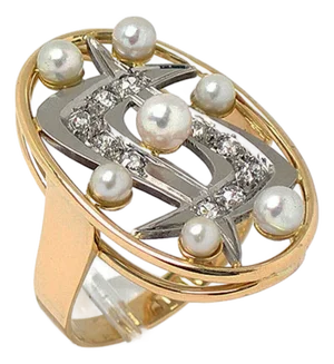 Diamond & Pearls 14k Two Tone Gold Oval Top Ring - Size 8
