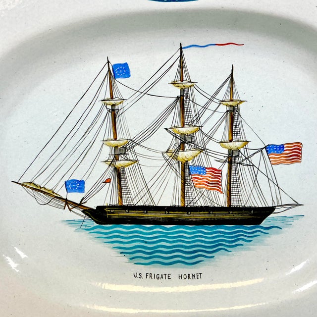 1970s 1976 Vintage Americana Nautical Coastal Mottahedeh Limited Edition Platter, U S Frigate Hornet Mast Ship For Sale - Image 5 of 17