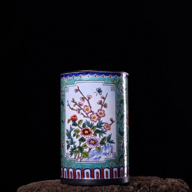 Asian Vintage Enamel on Copper Brush Pot With Floral & Butterfly Motifs – Qing Style For Sale - Image 3 of 9